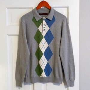 Perry Ellis Gray Argyle Sweater with Blue and Green